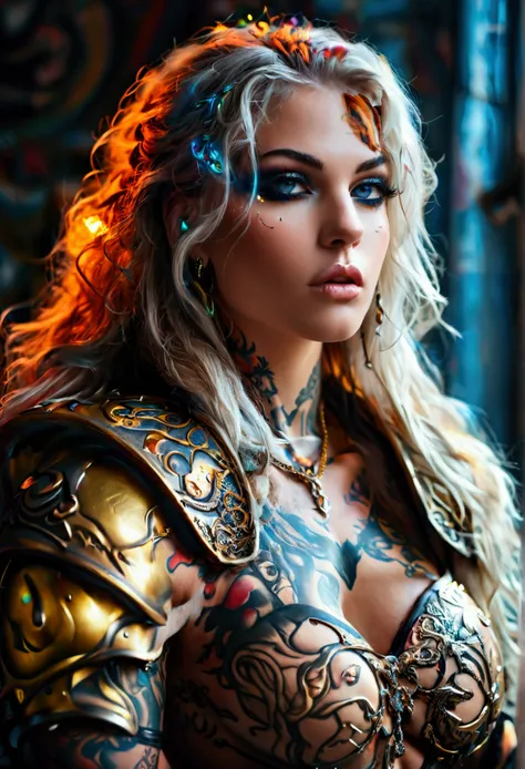 Create a hyper detailed photograph of a tattooed muscular young sexy female unholy paladin, Stunningly perfect gorgeous feminine face, perfect makeup, detailed neon eyes, long flowing hair, big beautiful muscular legs, big beautiful muscular arms, perfect ...