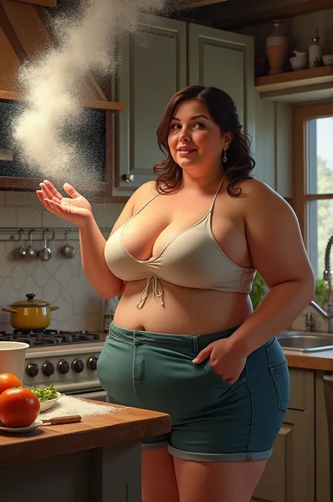 Woman with huge breasts cooking and throwing 1kg of salt