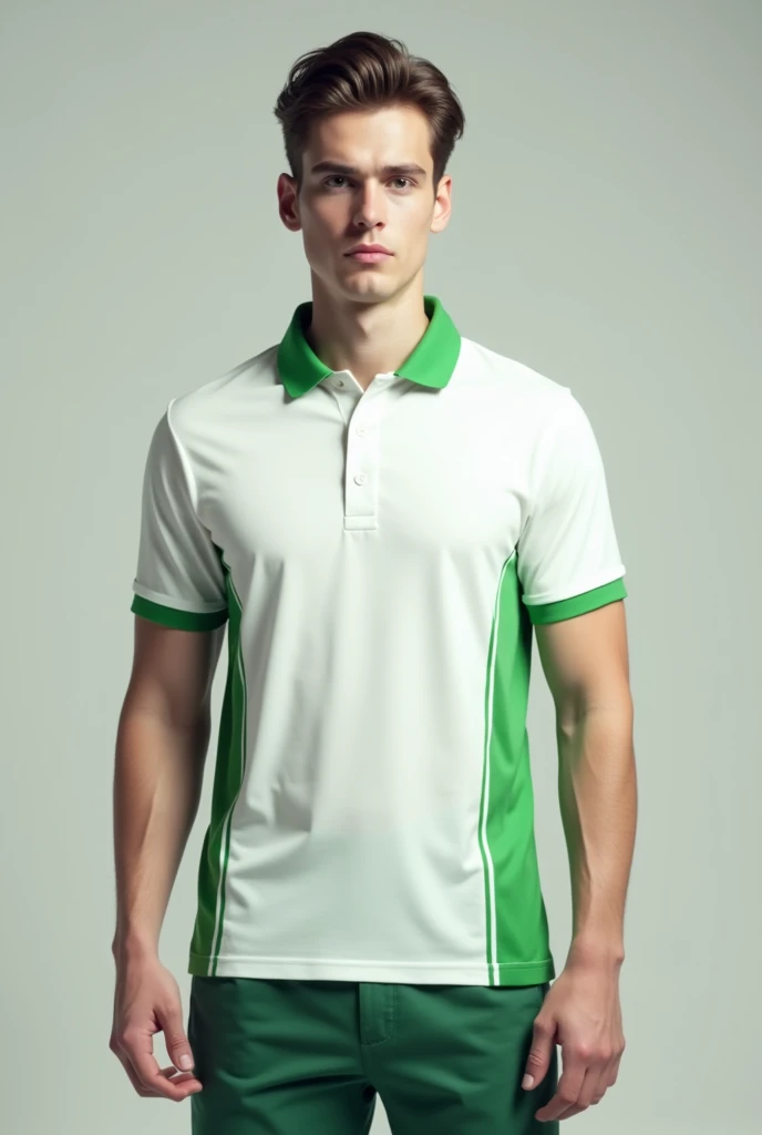 White and green short-sleeved polo shirt with a pocket and curved line design on the sides