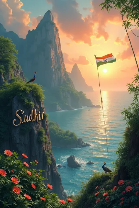 SUDHIR NAME WEITTEN ON MOUNTAIN WITH INDIAN NATIONAL FLAGE SUN RISING AND SEA WATER WITH FLOWER. WITH BAMBOO AND PECOCK