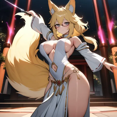 (masterpiece,best quality,very aesthetic),(ultra-detailed),high saturation,nsfw,girl,,solo,curvy,large breasts,thicc,(one fox tail,blonde fox ears,medium hair,low ponytail,blonde hair,messy hair,under-rim glasses),sideboob,long sleeves,empty eyes, gray eye...