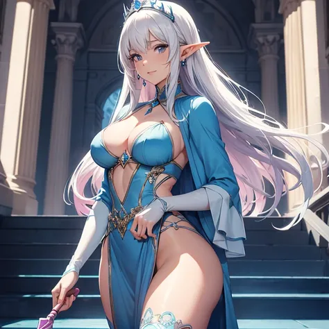 (absurdres, Masterpiece, best high quality, no deformity, good anatomy, cowboy shot, front view, character alone, HD, anime, high resolution) {{600 years old white haired ice-elf-queen milf:(elder feminine beauty, pale skin, medium-length straight hair, bl...