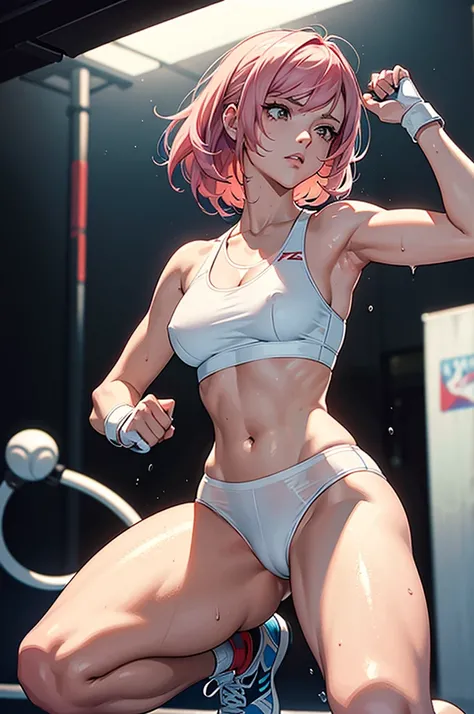 An ultra-detailed full-body illustration, style of 1980s Japanese comics, 8k resolutions, 1girl, solo, Sharp Focus, slender leg, Characterize by alluring, The character has striking pink hair, Perfect Figure with pale skin and a slender physique, small bre...