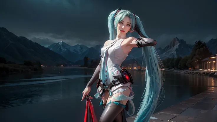 masterpiece,Game Art,Best picture quality,Maximum resolution,8k,(Upper Body,ambush),Unreal Engine 5 rendering works,Ray Tracing,RAW photos,(((Hatsune Miku Character))), (((Tosca Hair Color))), ((Long double ponytail hairstyle)), Enjoy the scenery, Focus on...