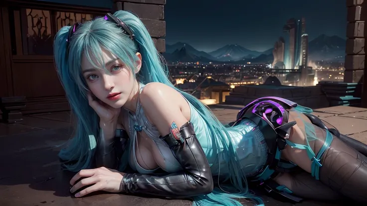 masterpiece,Game Art,Best picture quality,Maximum resolution,8k,(Upper Body,ambush),Unreal Engine 5 rendering works,Ray Tracing,RAW photos,(((Hatsune Miku Character))), (((Tosca Hair Color))), ((Long double ponytail hairstyle)), Enjoy the scenery, Focus on...