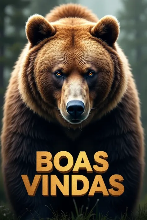 make a banner with a bear in the background with a more realistic serious face, and on the front place the phrase "BOAS VINDAS" in gold, the letter a little smaller. Recommended size: 320x480 pixels