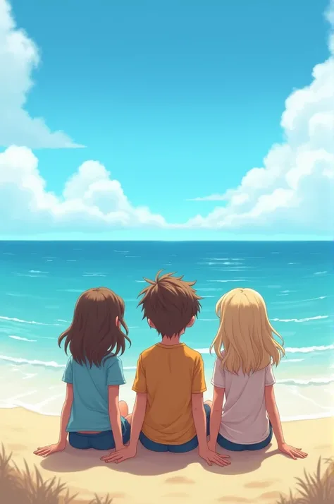 3 friends are sitting on the beach looking out at the sea.  In the middle sits a boy with brown hair.A girl with brown hair sits to his left.But on the right sits a girl with slightly dark blonde hair. The 3 friends should be best seen from behind..  All 3...