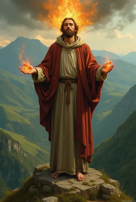 Saint Francis of Assisi in a friars robe; Showing the wounds on his hand;  On the top of a green mountain; On his head embers of fire; The image should have a medieval style
