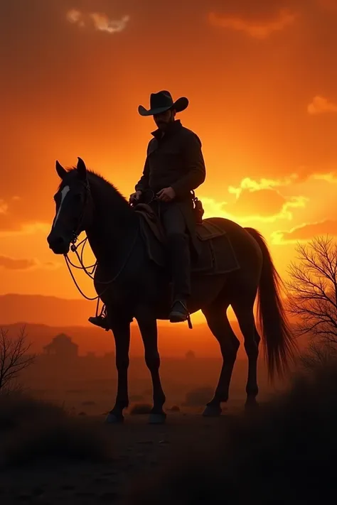 ((Best Quality)), ((masterpiece)), (detailed), Sunset background in the old west (apocalyptic), The silhouette of a cowboy in the middle with a wide-brimmed hat and riding a black horse, with short hair, lugubrious, dark clothing.