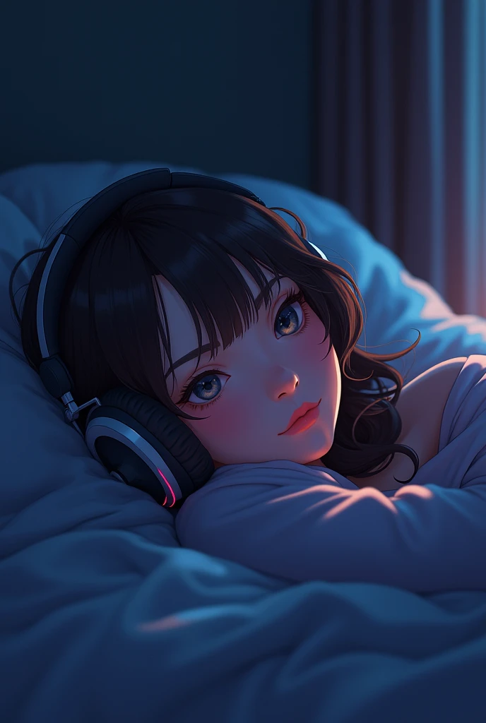 boy in a cozy room listening to music in a cozy room at night, wearing headphones, 2D anime style, lo-fi, hard disk, dark environment, beautiful detailed eyes, beautiful detailed lips, extremely detailed face, long eyelashes, beautiful young woman, peacefu...