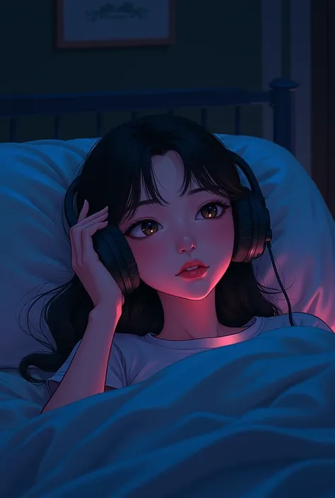 boy in a cozy room listening to music in a cozy room at night, wearing headphones, 2D anime style, lo-fi, hard disk, dark environment, beautiful detailed eyes, beautiful detailed lips, extremely detailed face, long eyelashes, beautiful young woman, peacefu...