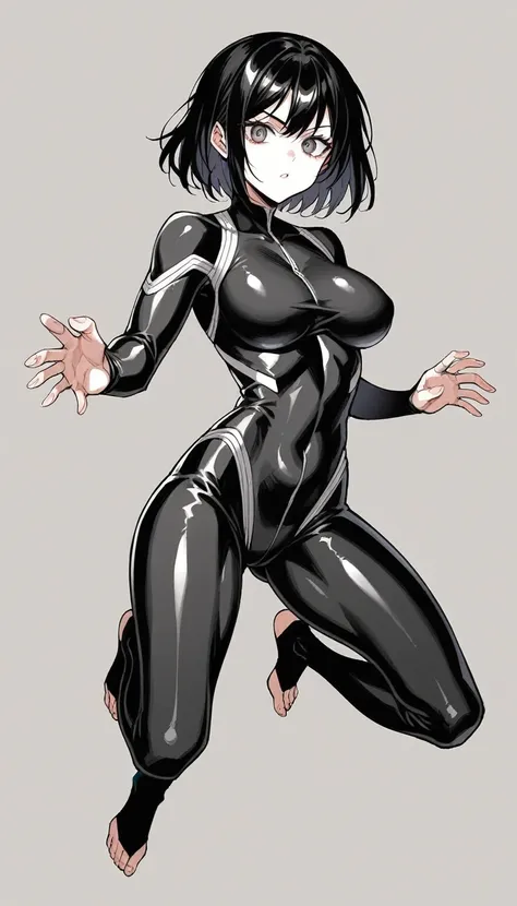 1girl, adult, perfect face, perfect eyes, perfect hands, intricate details, score_9, score_8_up, score_7_up, rating_safe, source_anime, sketch, shiny black hair, medium length hair, sharp eyes, large breast, slim body, bare feet, spandex suit, full body de...