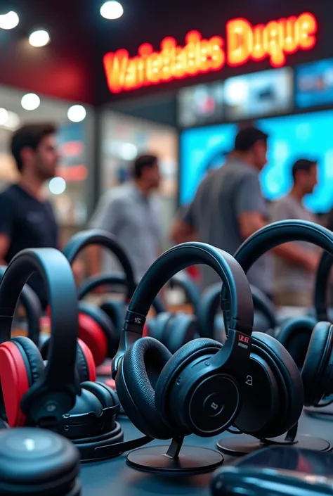 A photo with several wireless headphones in a store, the name Variedades Duque can be seen in the background of the store. 