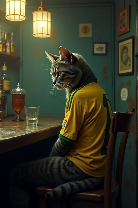 A sad cat in a bar wearing the shirt of former Brazilian player Garrincha 