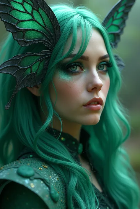 a metamorphosis of a green-haired woman, black eyes and aquamarine skin, with a moth