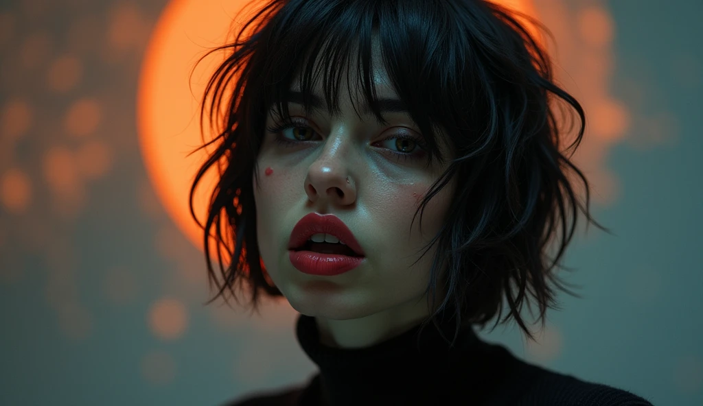 ultra-detailed, realistic, wallpaper, woman head, vulnerable, bob cut, sexual tension, red lips, sexy despair, sweat, messy, loosing control, turtleneck, artwork, conceptual artwork, void, abstract, orange blue, 