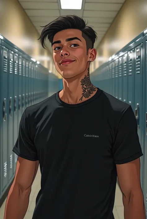 An American young man drawing from the waist up, in the hallway of an American school filled with lockers. short straight black hair, modern updo short hair. very black eyes and long dark eyelashes, Curvilinear, straight eyebrow. A smirk playing on his lip...