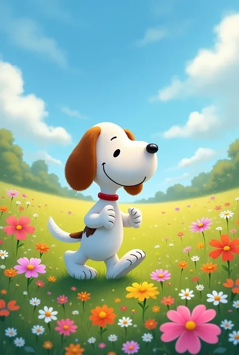 Snoopy in a field of flowers