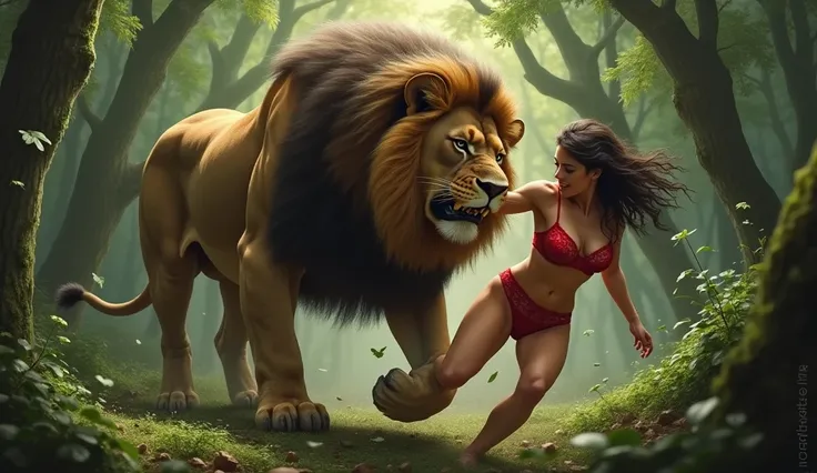 CREATE A LION PULLING A WOMAN BY HER UNDERWEAR WITH HIS PAW, THE WOMAN DRESSED IN A RED LACE PANTIES IN A FOREST