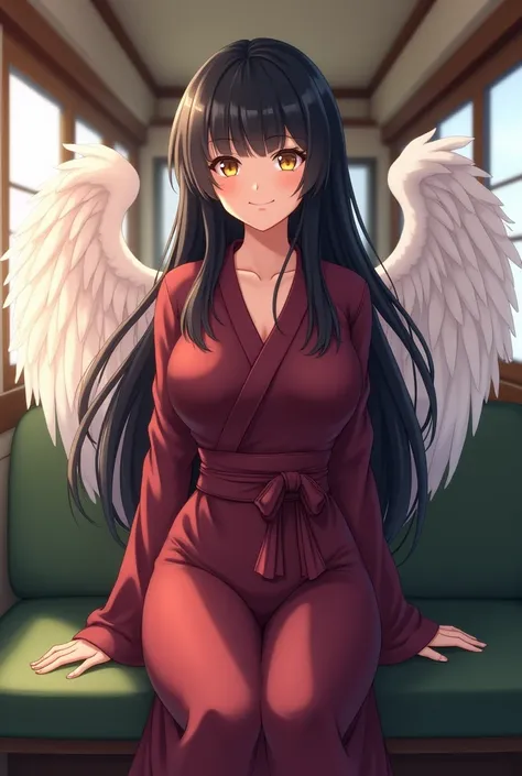 Anime, Japanese, kimono, yellow eyes, black hair, translucent white wings behind, maroon clothes, olive green hakama, female, large breasts "Long Hair"Center part "Landscape"Olive green seats on the train Wooden walls Smiling