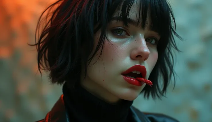 ultra-detailed, realistic, wallpaper, woman head, disheveled, bites her lip, bob cut, sexual tension, red lips, sexy despair, sweat, messy, loosing control, turtleneck, artwork, conceptual artwork, void, abstract, orange blue, 