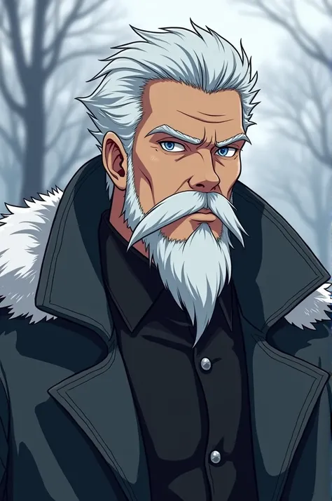 Sexy and imposing man of about 39 years old, snow-white skin, grey eyes, White hair, dressed in a stylish winter coat with a goatee beard, Wrinkle-Free Anime CHICHON
