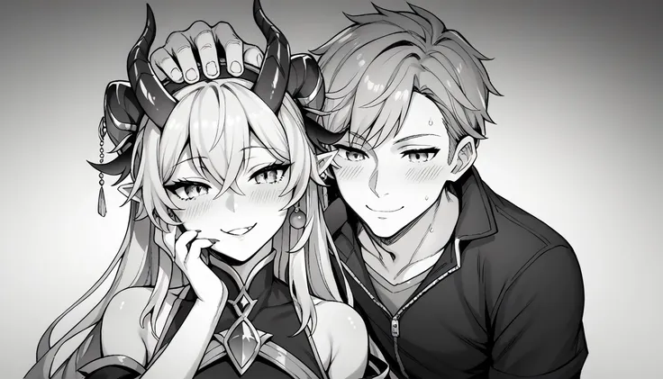 a beautiful dragon girl with horns on head sitting on a boy pinning down with seductive face on boy bedroom background