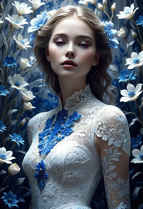 Midjourney, MJ, Midjourney style, realism, cinematic quality, play of light, gradient, glow, porcelain skin, dutch tilt, dynamic pose, white porcelain girl with blue flowers, stunning art, abstract, floral, gold thread lace, predominantly white, centered, ...