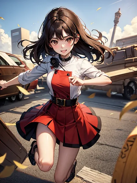 ((Highest quality)), ((masterpiece)), (detailed)、((Female))、Brown Hair、Brown eyes、The background is a battlefield、A young woman jumping around energetically、Red dress、Cute smile、Perfect body