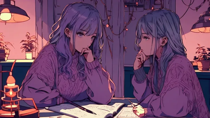 1 beautiful woman, writing on a notebook with a pencil at a wooden desk, facing camera directly, light purple color hair, soft lighting with cute lamp at night