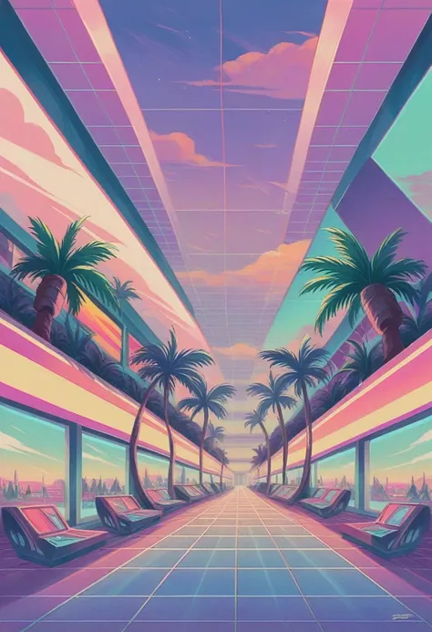 vaporwave landscape, mall, neon, retro, aesthetic, liminal, palm trees, proto realism, without people, futuristic 