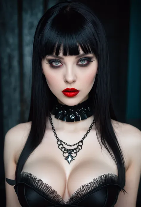 ((face close up, shot in the face)) ((sexual, tall and very beautiful death goddess)) ((dark eye shadow makeup)) ((bright red lipstick)) ((very pale skin)) ((big bright grey eyes)) ((very long straight black hair with bangs, closing one eye)) ((big breasts...