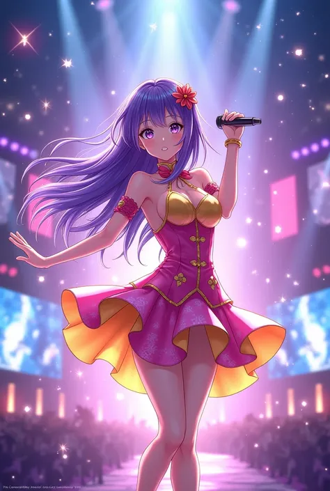 An anime girl with beautiful purple hair and purple eyes with stars inside, wearing a pink and yellow idol outfit, pink shoes, holding a microphone on a concert stage.