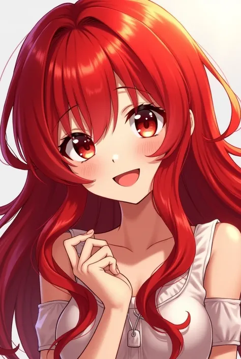 Anime style red hair red eyes smiling