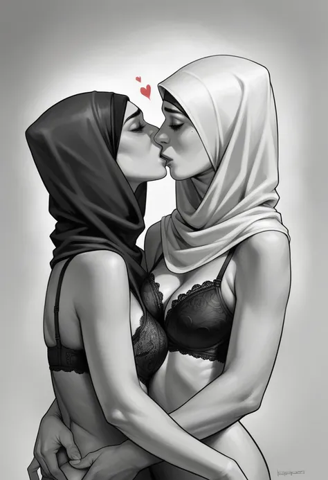 two hijab lesbian girl,lace bra,hugging from behind fingering,kissing,realistic,hd details,surreal