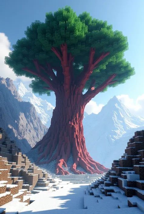 Create an image of a giant dragon blood tree in Minecraft  in a freeze mountain 