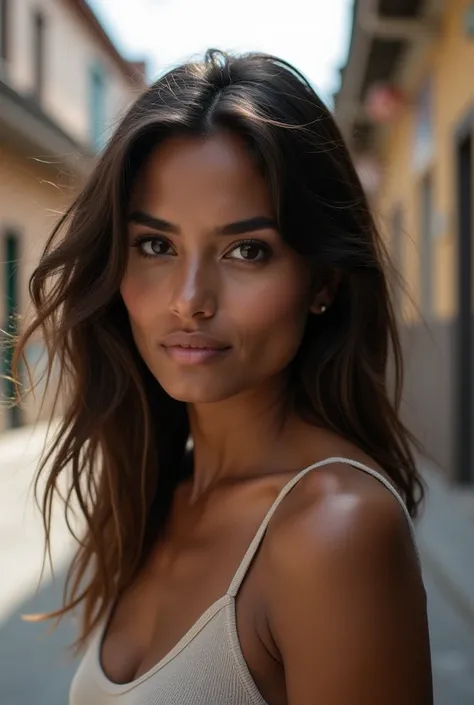 Create a realistic 4k style scene of a beautiful 30 year old woman, with features similar to Aleisha Allen, looking forward, a serious but elegant face, tanned skin color, oval face shape, slightly with dark circles and slightly drooping upper eyelid, Wide...