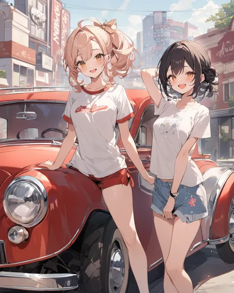 Best quality、超A high resolution、full bodyesbian、Tie-up hair all back girls、Wear a boyfriend-style t-shirt，Stand in front of a red antique car，88 highway background， Cute happy smile