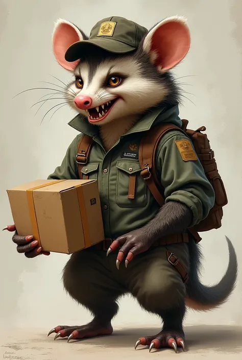 A possum that looks mean and aggressive, anthropomorphized as a package delivery person 