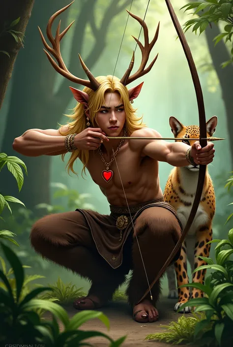 Handsome guy , Korean. He has very dark skin., yellow hair knee length with side bangs. He has faun ears., in the ears gold earrings rings. On the head are deer antlers. He has a bare torso and furry brown pants with hooves.. He has a red heart pendant.. H...