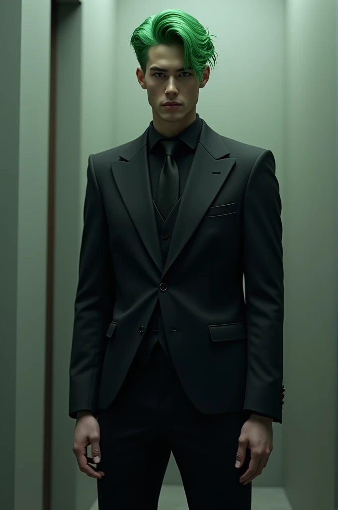 A male character wearing a black suit with green hair is standing alone.
