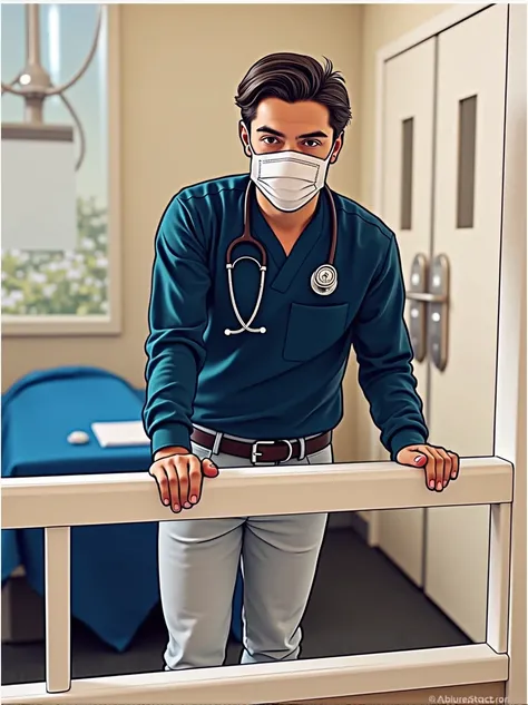 Doctor in a white coat and stethoscope in front of the operating room 