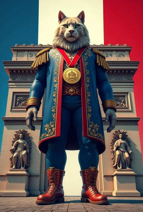 Create the Arc de Triomphe as a character, with eyes and mouth, with shoes, so majestic, with the gold medal from the 2024 Paris Olympics, and the background of the image the colors of the French flag