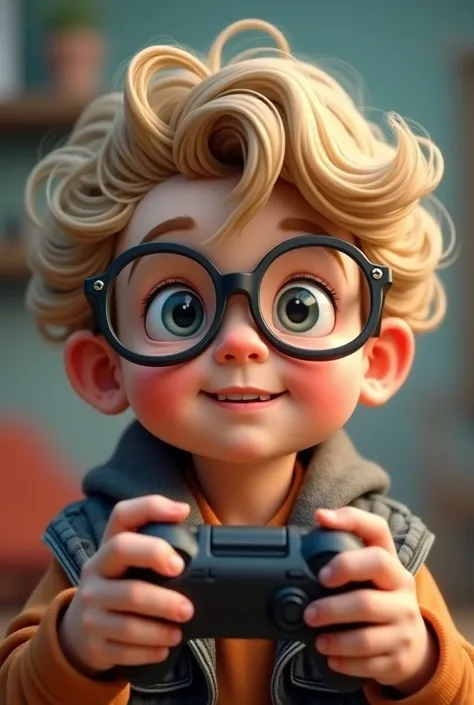 A cute boy with big glasses and even bigger eyes holding a video game controller, He has wavy hair that forms curls and is jpgads to the right side