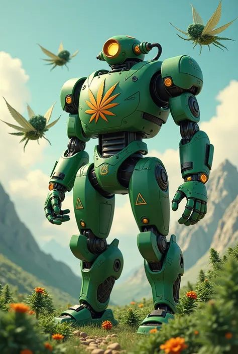 Fait moi une description très détaillé pour une IA de dessin de mon projet: 
Fait moi une mécha bouteille de gaz avec un logo cannabis rgb, une montagne de fleurs de cannabis en arrière plan survolé par des joints avec des aille et des réacteurs qui survol...