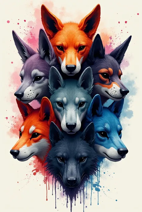 Masks of various animal faces, painted in ink-wash style but with vivid colors