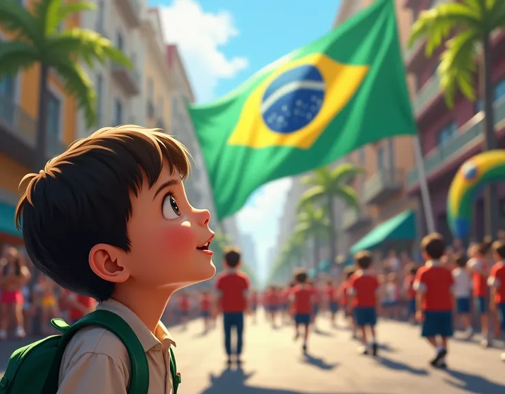 child student looking at the Brazilian flag civic parade with happiness

