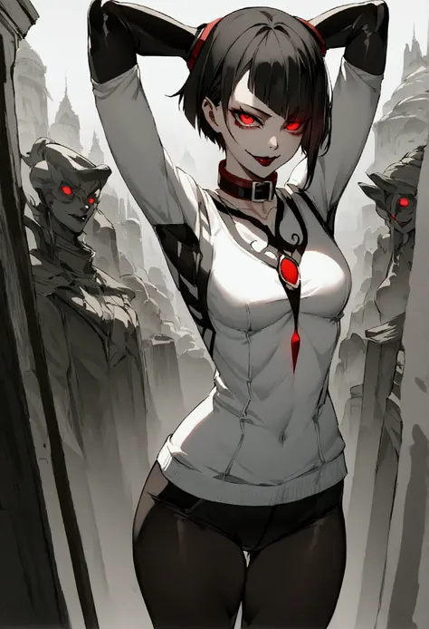 fully body,standing,alone,short hair,work of art,face detailed,young fitness linda,Wearing black pantyhose,tight white sweater with collar ,neckleace,evil smile,red eyes glowing,labiaa,eye shadow,bangs on the eyes,Hands behind the head city
