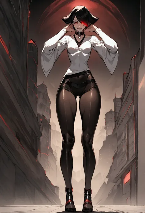 fully body,standing,alone,short hair,work of art,face detailed,young fitness linda,Wearing black pantyhose,tight white sweater with collar ,neckleace,evil smile,red eyes glowing,labiaa,eye shadow,bangs on the eyes,Hands behind the head city
