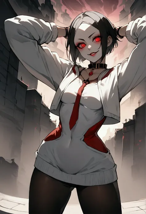 fully body,standing,alone,short hair,work of art,face detailed,young fitness linda,Wearing black pantyhose,tight white sweater with collar ,neckleace,evil smile,red eyes glowing,labiaa,eye shadow,bangs on the eyes,Hands behind the head city
